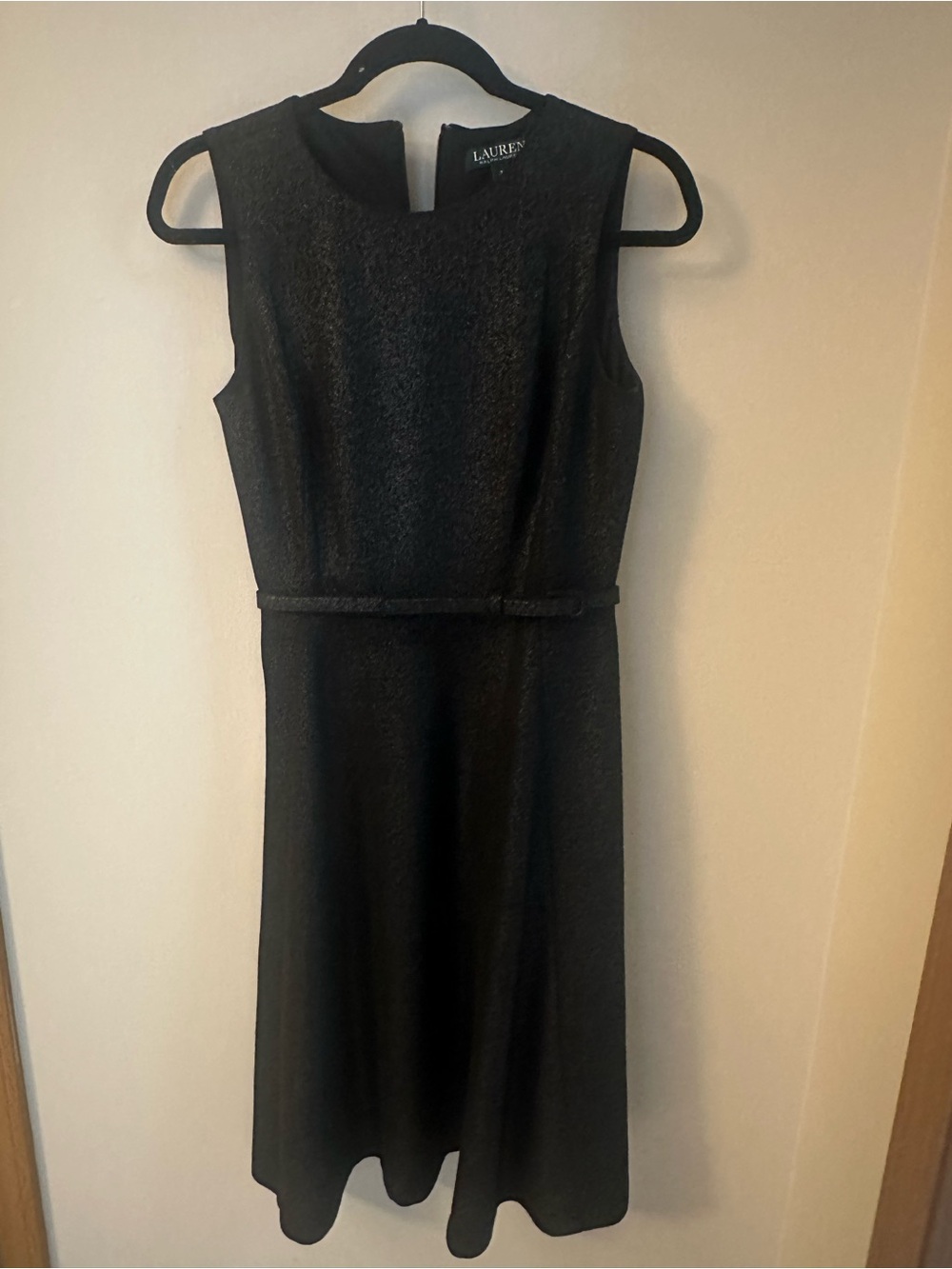 Ralph Lauren Black Textured Sleeveless Sheath Dress with Slim Belt